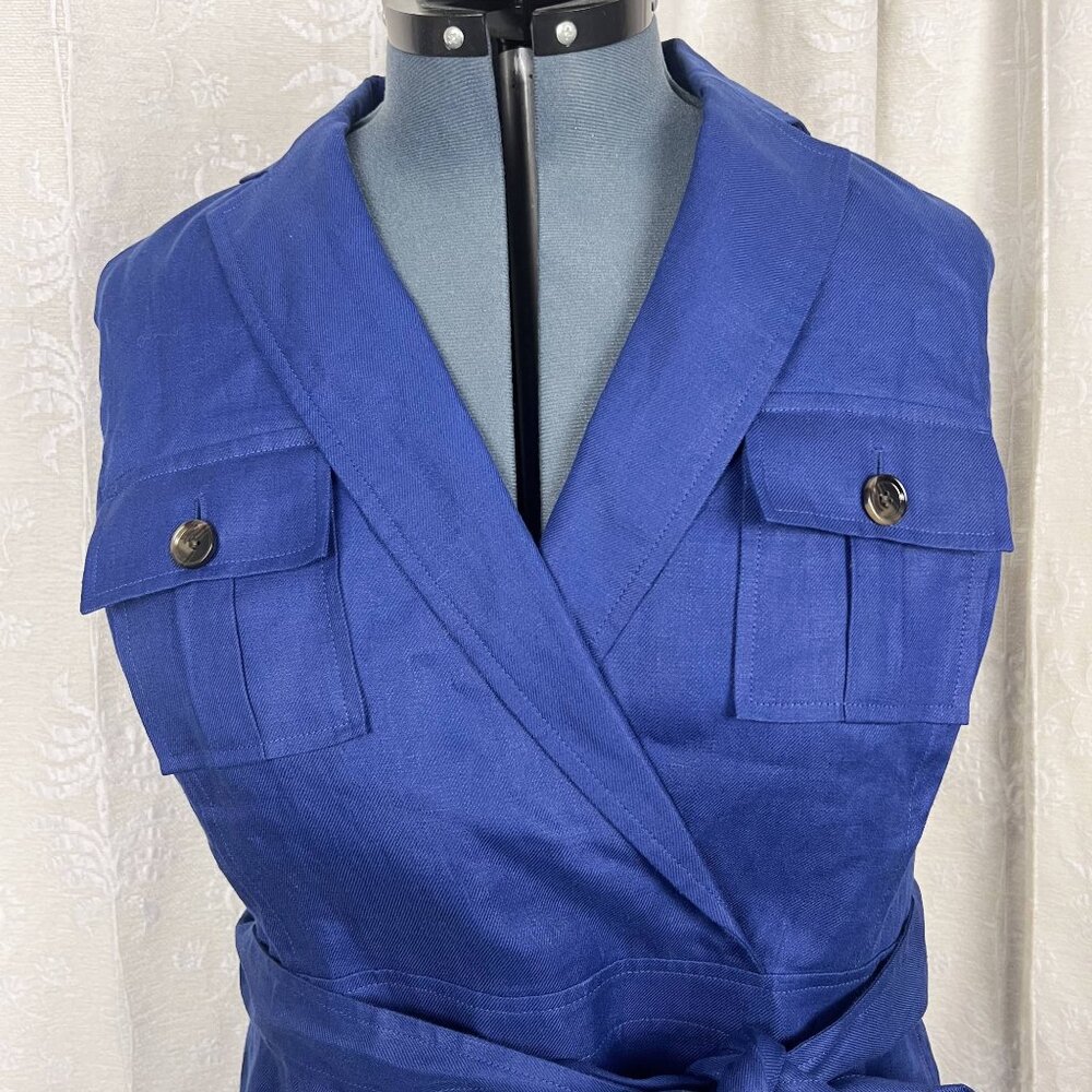 Luxe Irish Linen Dress Baird McNutt x Talbots bright navy blue A-line belted - Picture 3 of 8